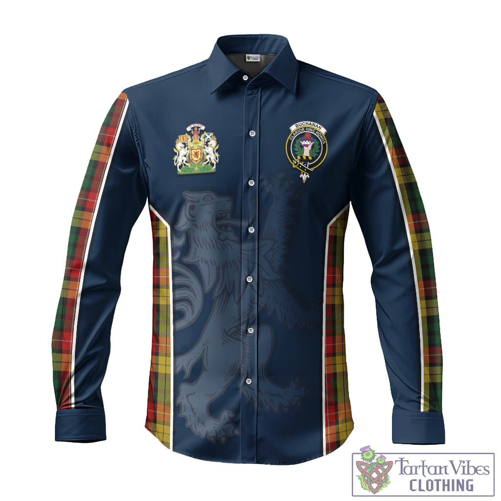 Tartan Vibes Clothing Buchanan Tartan Long Sleeve Button Up Shirt with Family Crest and Lion Rampant Vibes Sport Style