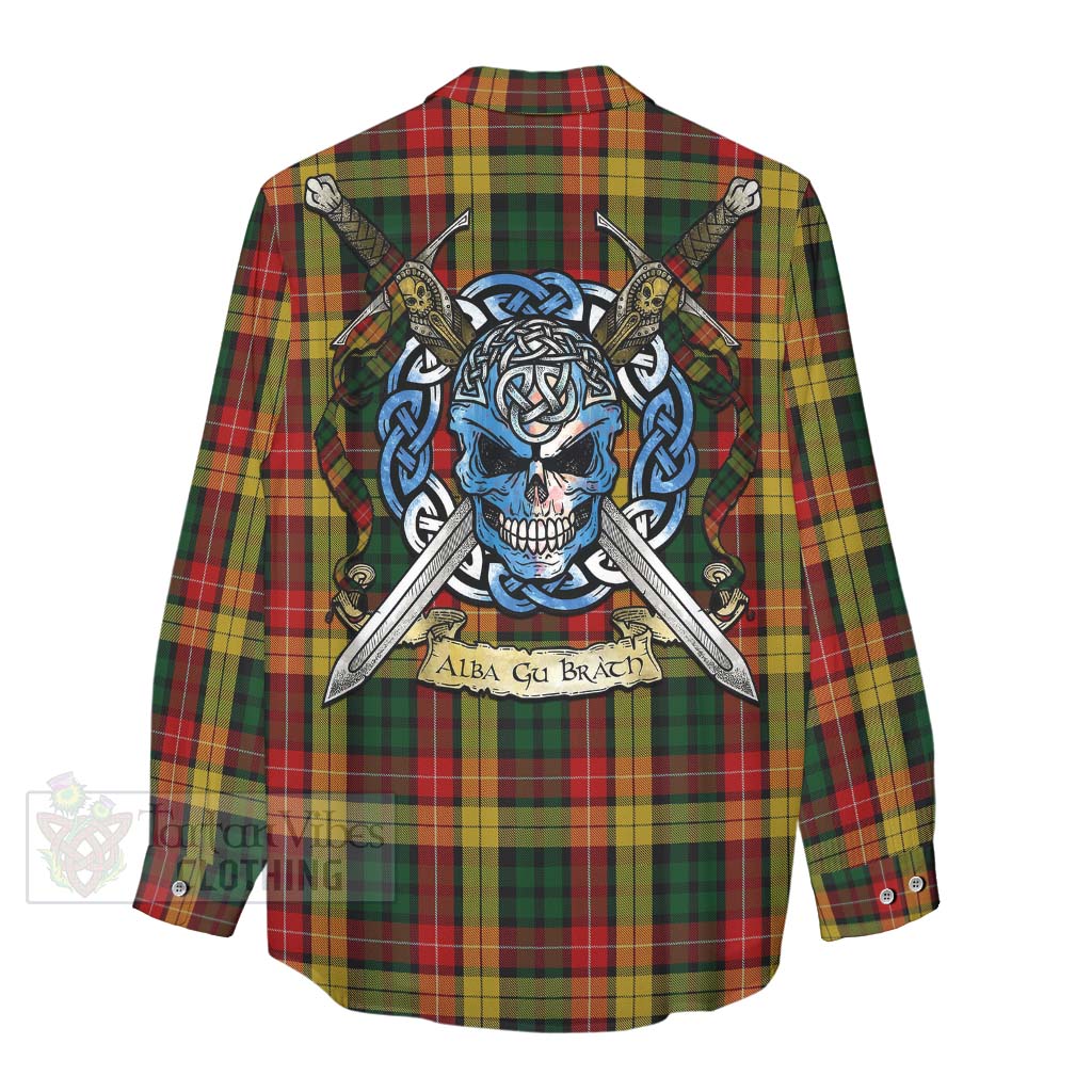 Tartan Vibes Clothing Buchanan Tartan Women's Casual Shirt with Family Crest Celtic Skull Style