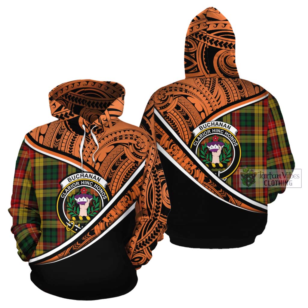 Tartan Vibes Clothing Buchanan Crest Tartan Cotton Hoodie with Maori Tattoo Style - Orange Version