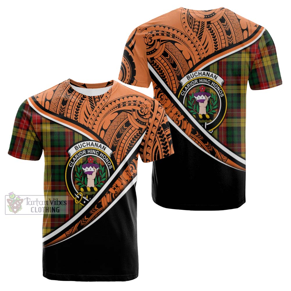 Tartan Vibes Clothing Buchanan Crest Tartan Cotton T-shirt with Maori Tattoo Style - Orange Version