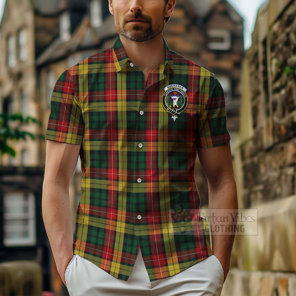 Tartan Vibes Clothing Buchanan Tartan Short Sleeve Button Shirt with Family Crest and Bearded Skull Holding Bottles of Whiskey