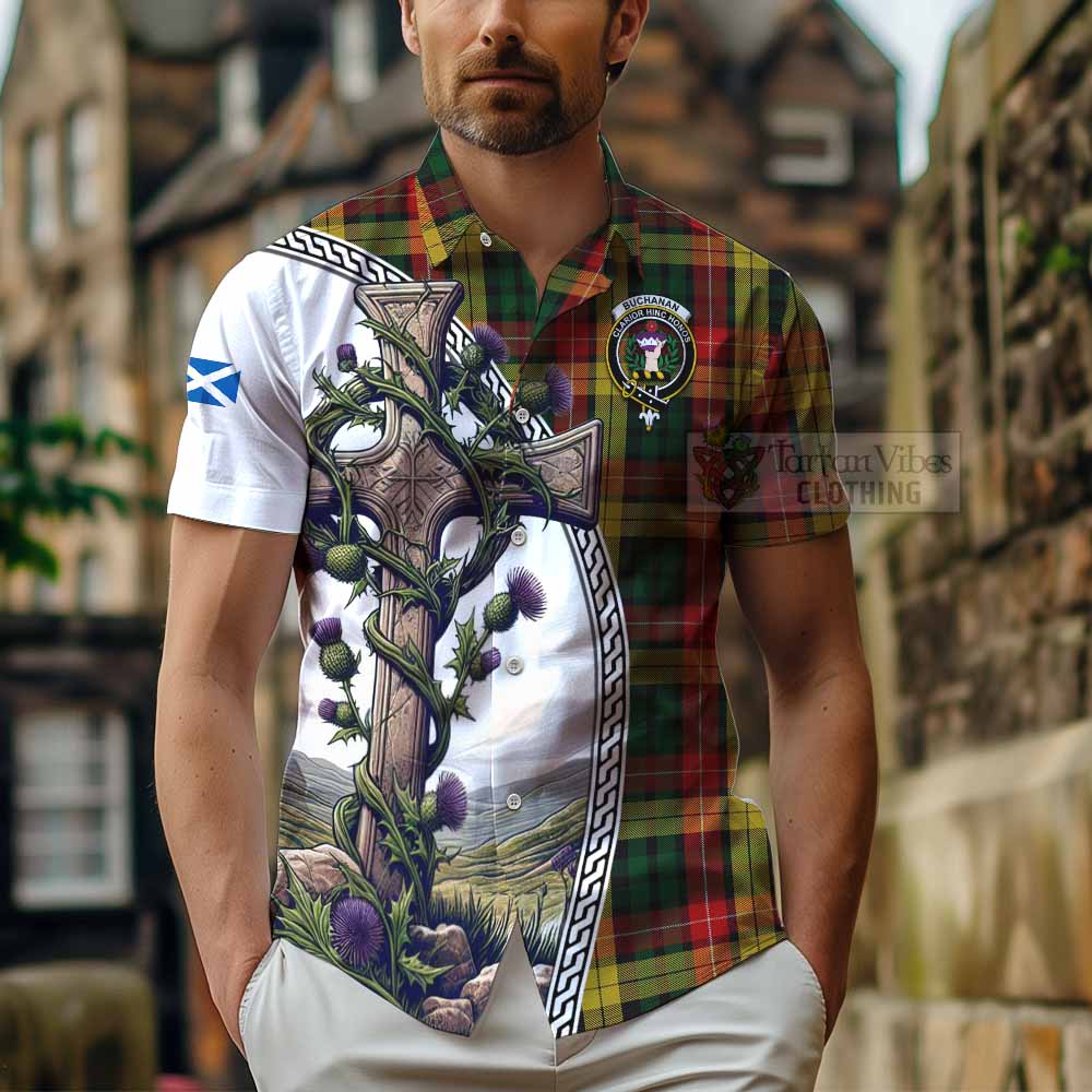 Tartan Vibes Clothing Buchanan Tartan Short Sleeve Button Shirt with Family Crest and St. Andrew's Cross Accented by Thistle Vines