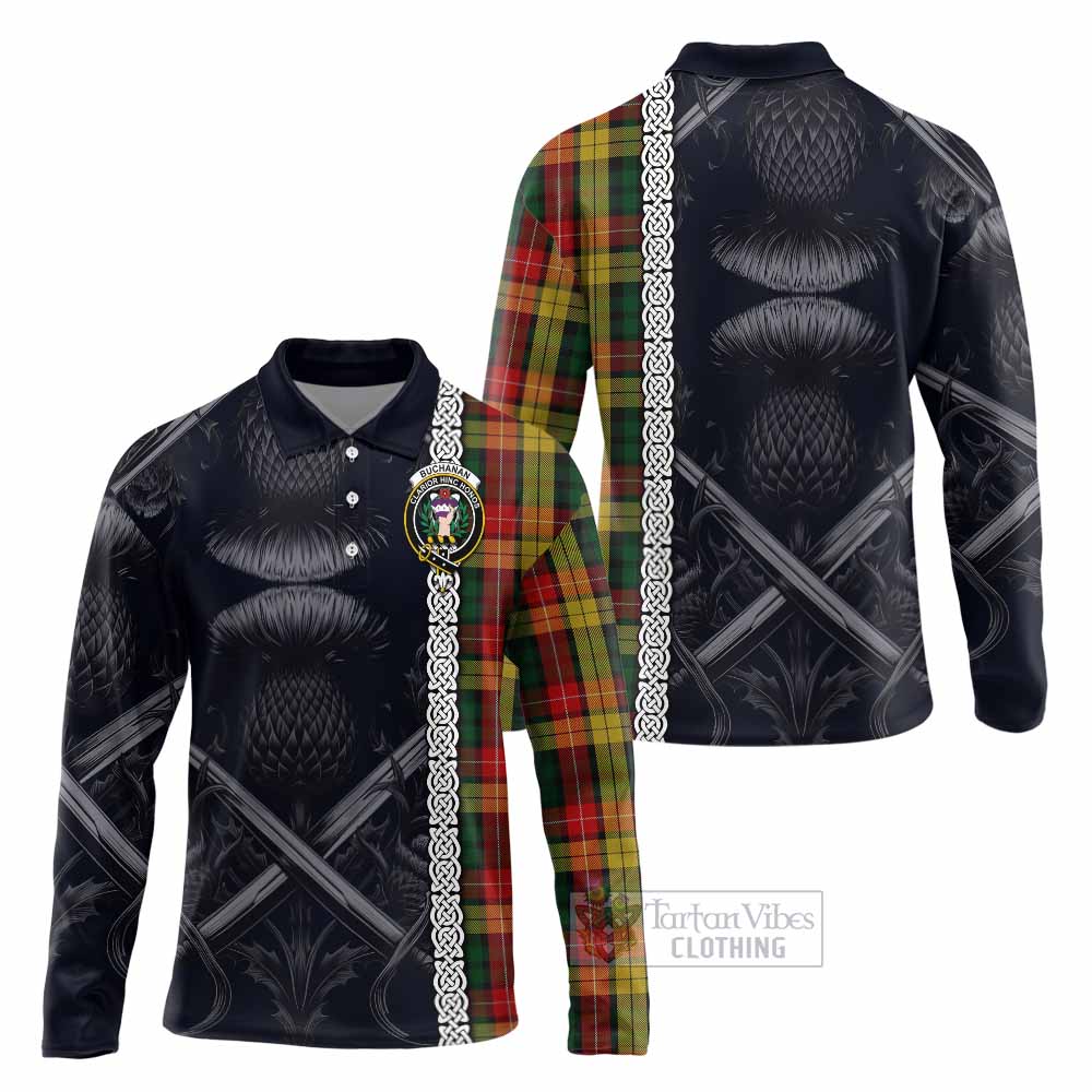 Buchanan Tartan Long Sleeve Polo Shirt with Family Crest Cross Sword Thistle Celtic Vibes - Tartan Vibes Clothing