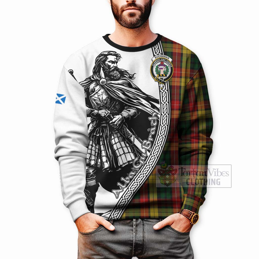 Tartan Vibes Clothing Buchanan Tartan Clan Crest Sweatshirt with Highlander Warrior Celtic Style