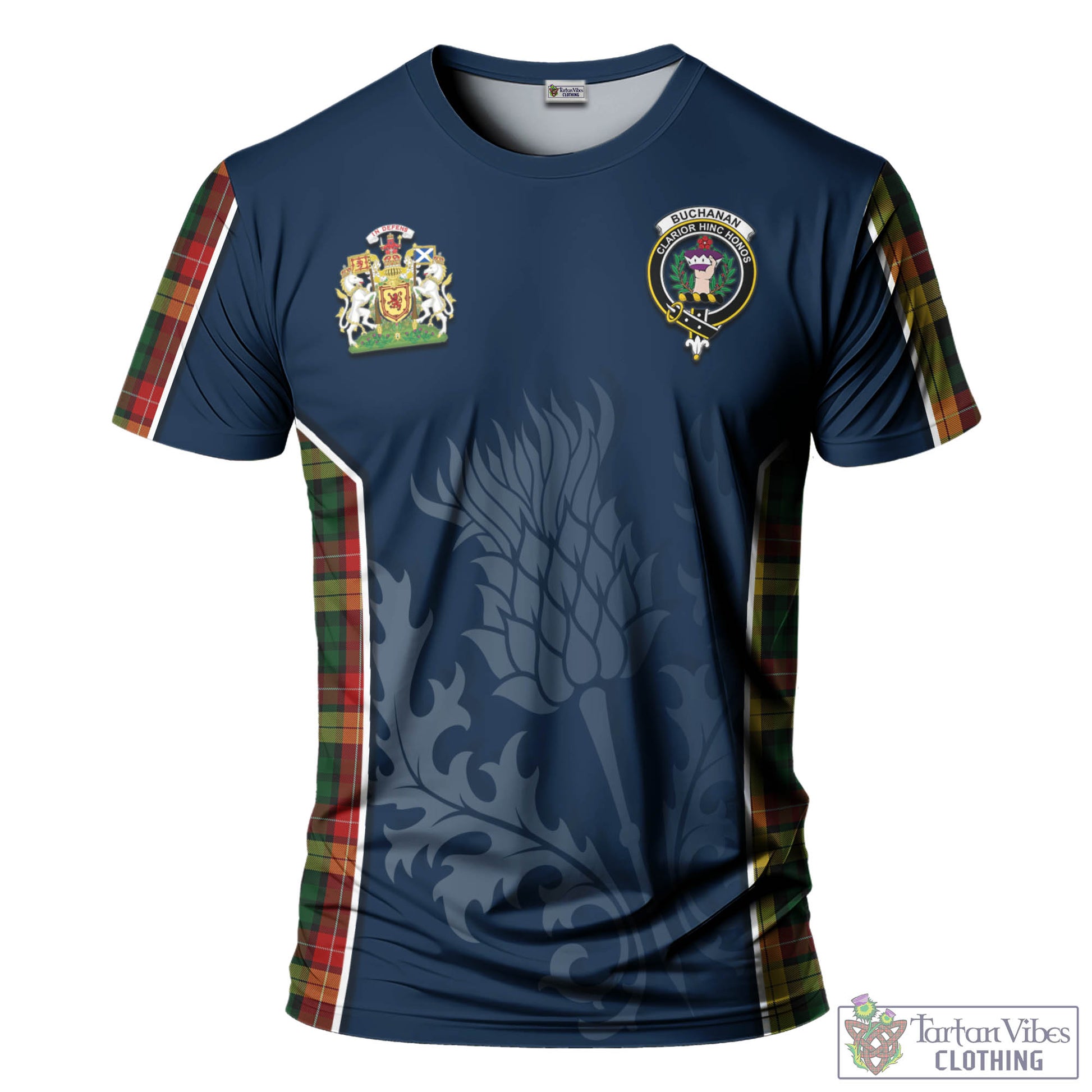 Tartan Vibes Clothing Buchanan Tartan T-Shirt with Family Crest and Scottish Thistle Vibes Sport Style