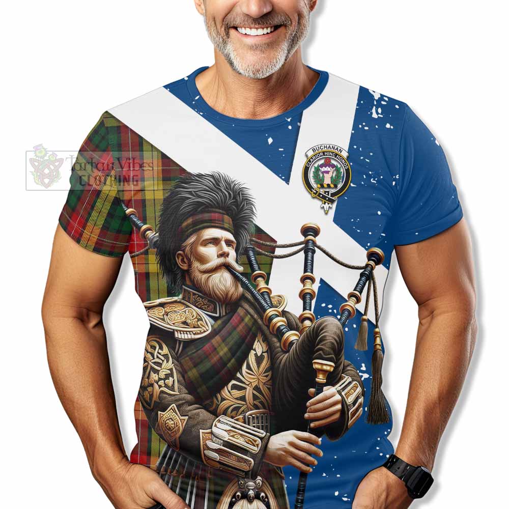 Tartan Vibes Clothing Buchanan Tartan T-Shirt with Family Crest Scottish Bagpiper Vibes