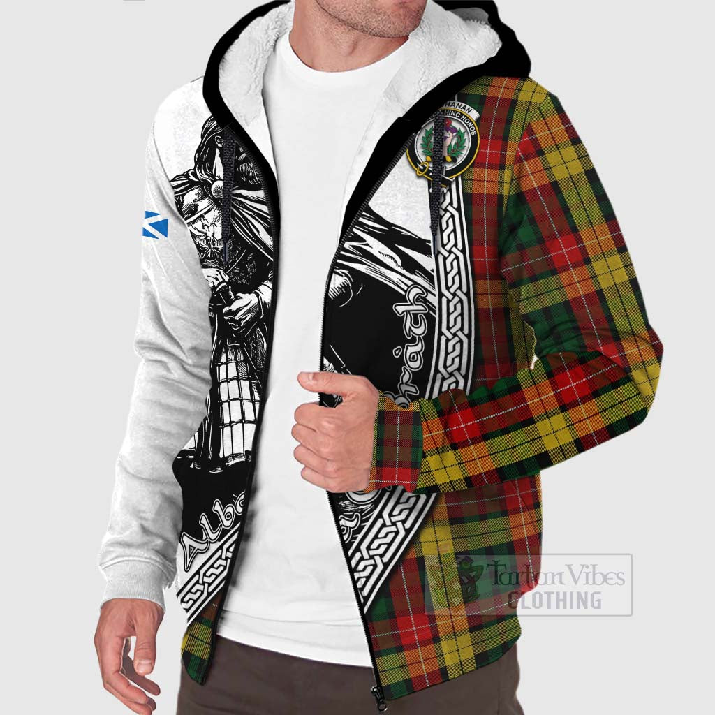 Tartan Vibes Clothing Buchanan Tartan Clan Crest Sherpa Hoodie with Highlander Warrior Celtic Style