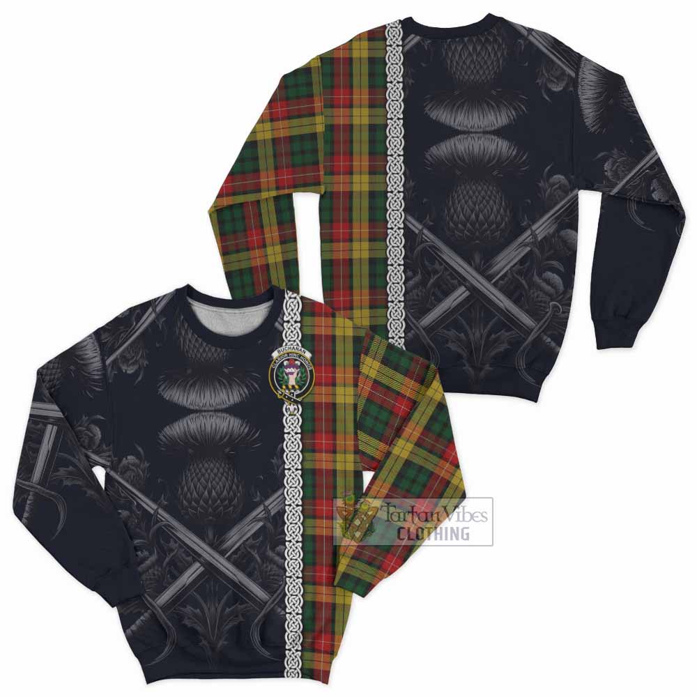 Tartan Vibes Clothing Buchanan Tartan Sweatshirt with Family Crest Cross Sword Thistle Celtic Vibes