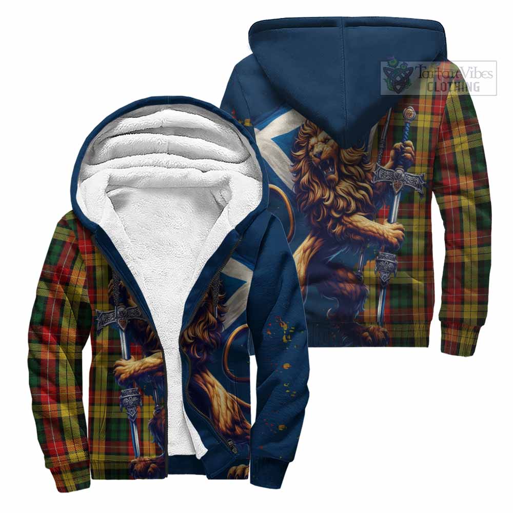 Tartan Vibes Clothing Buchanan Tartan Family Crest Sherpa Hoodie with Scottish Majestic Lion