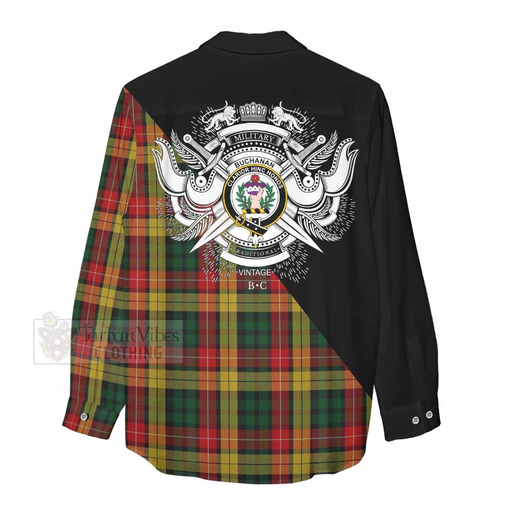 Tartan Vibes Clothing Buchanan Tartan Women's Casual Shirt with Family Crest and Military Logo Style