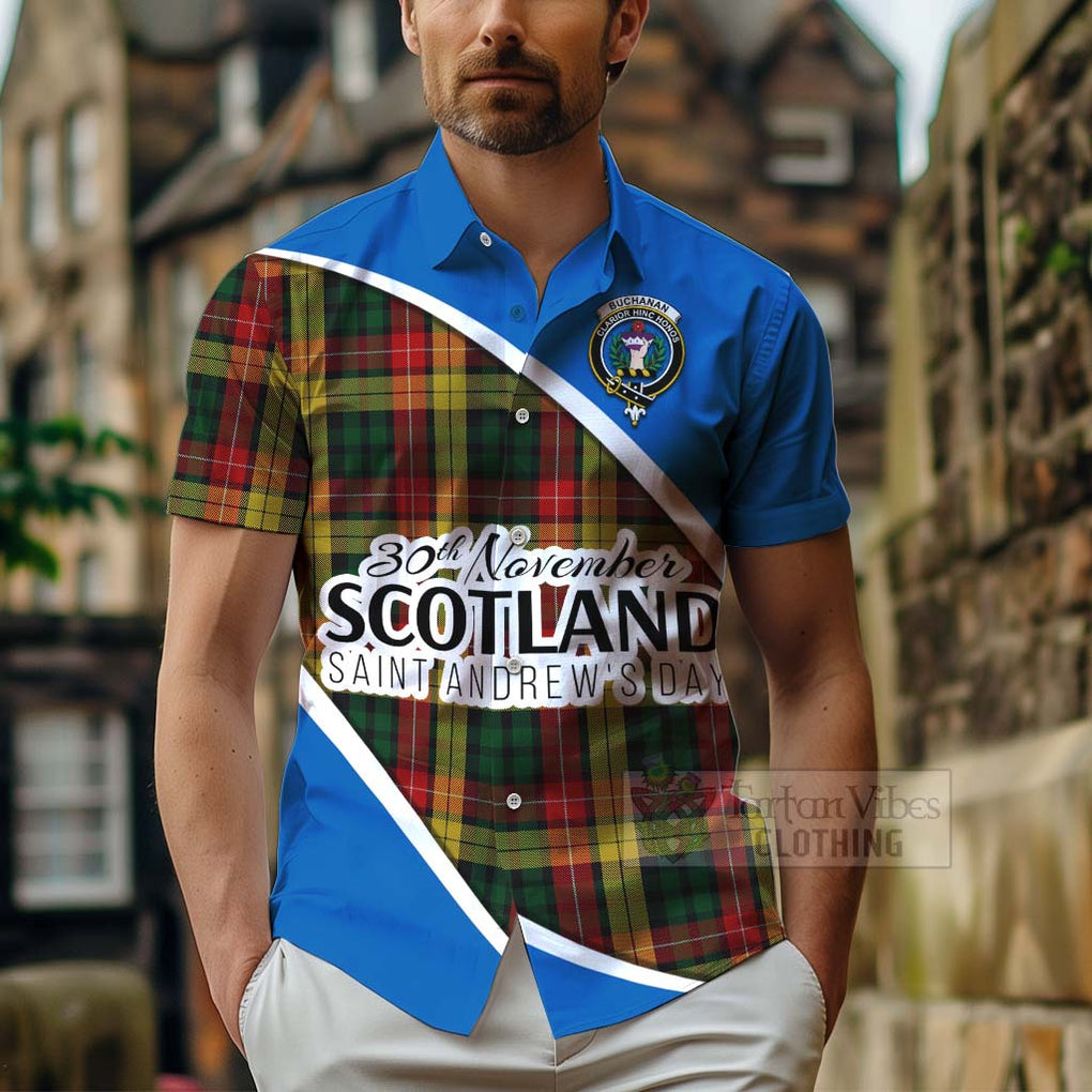 Tartan Vibes Clothing Buchanan Family Crest Tartan Short Sleeve Button Shirt Celebrate Saint Andrew's Day in Style