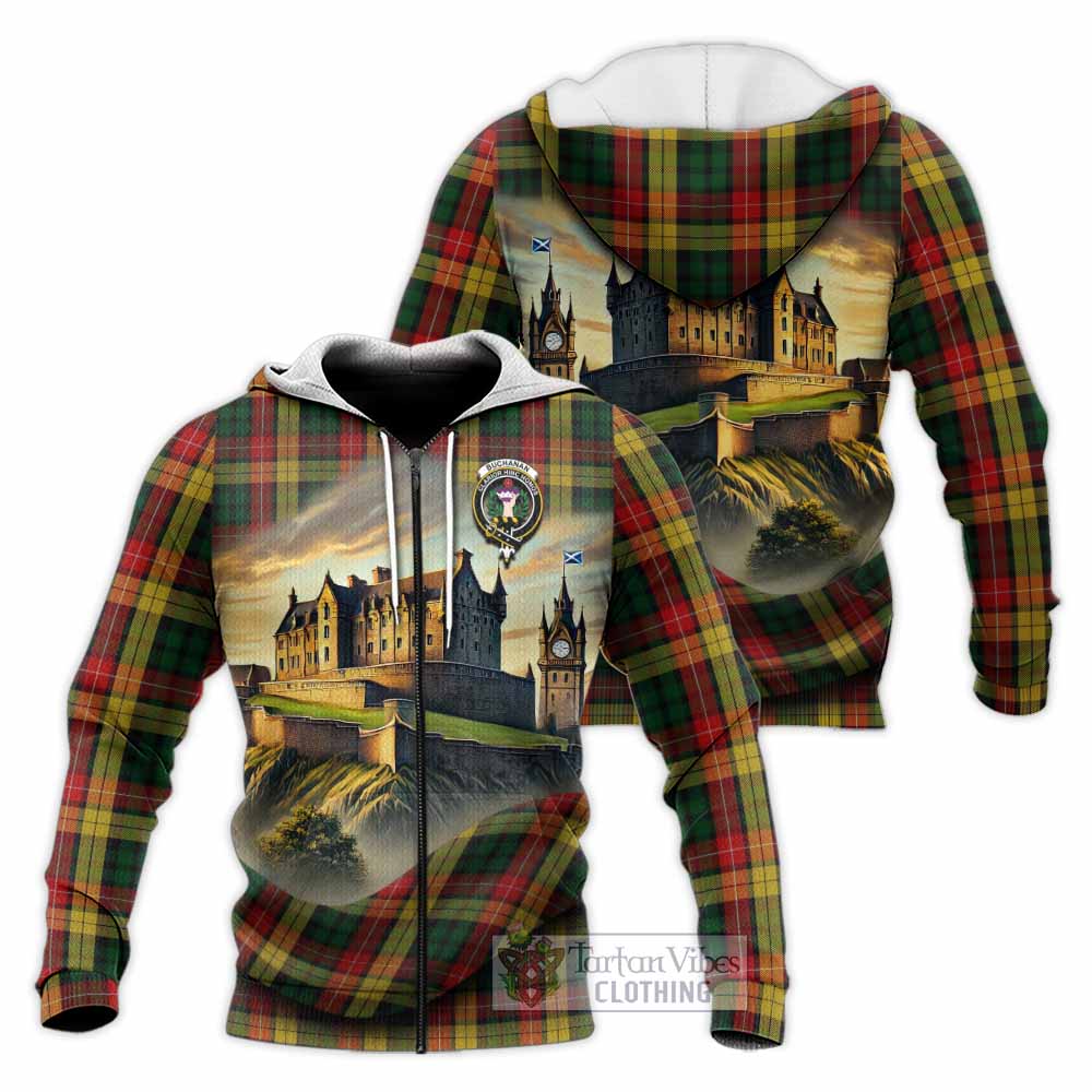 Buchanan Tartan Family Crest Knitted Hoodie with Scottish Ancient Castle Style Unisex Knitted Zip Hoodie - Tartan Vibes Clothing