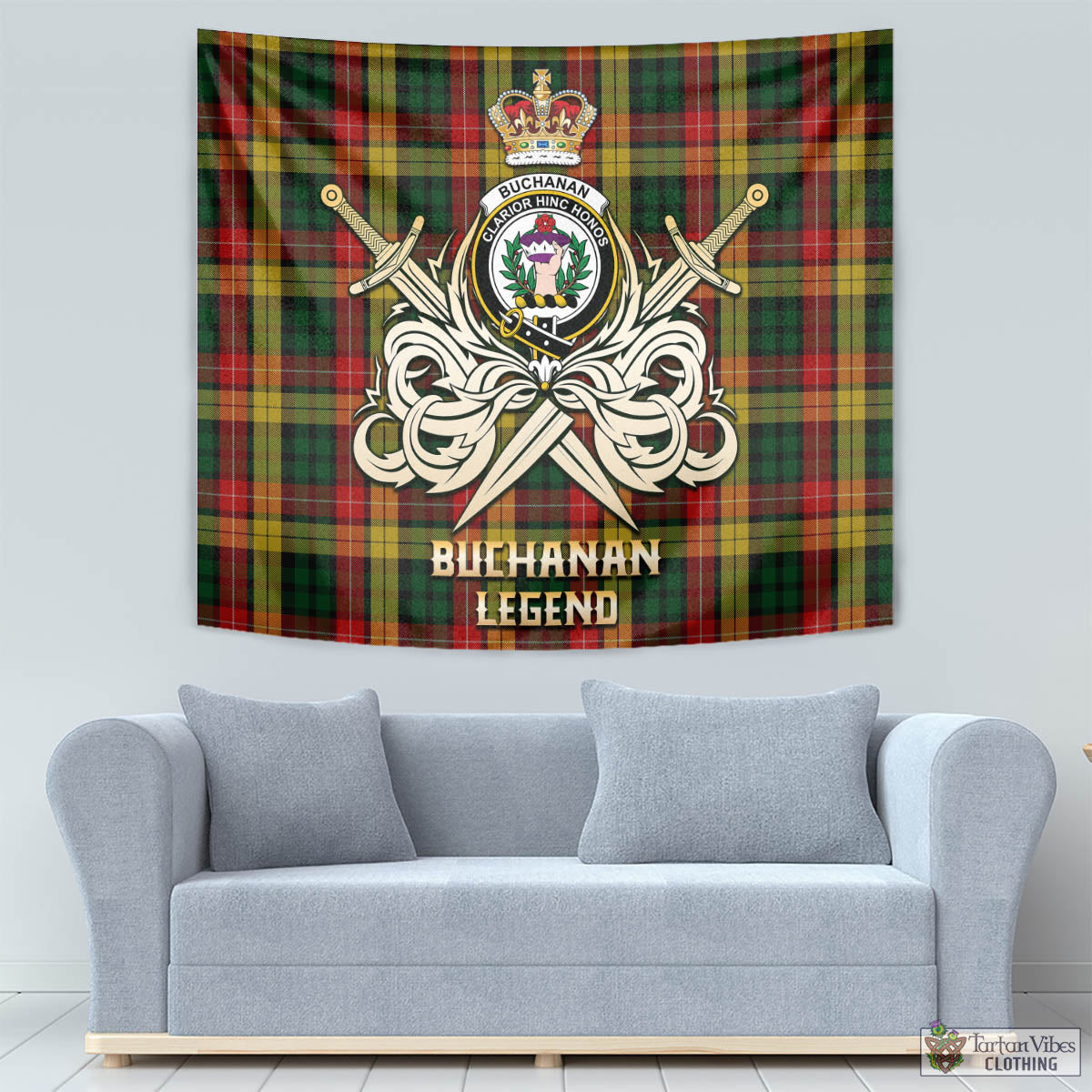 Tartan Vibes Clothing Buchanan Tartan Tapestry with Clan Crest and the Golden Sword of Courageous Legacy