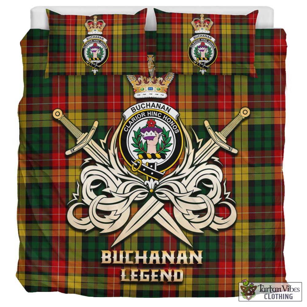 Tartan Vibes Clothing Buchanan Tartan Bedding Set with Clan Crest and the Golden Sword of Courageous Legacy