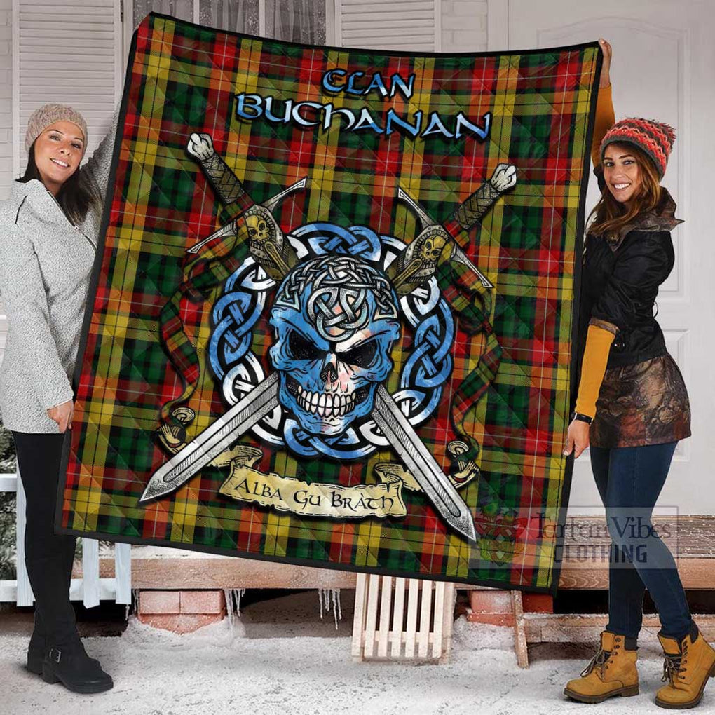 Tartan Vibes Clothing Buchanan Tartan Quilt with Celtic Skull Alba Gu Brath Style