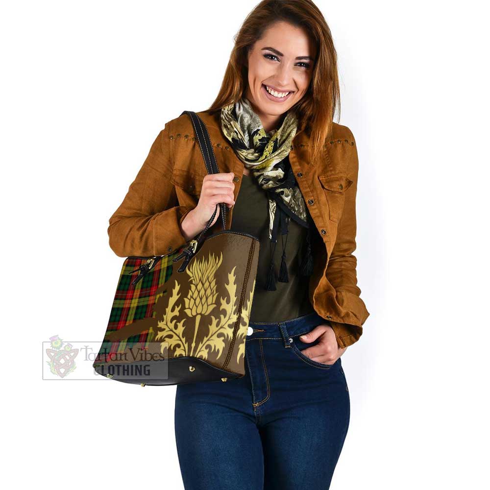 Buchanan Tartan Leather Tote Bag Gold Thistle Style - Tartan Vibes Clothing