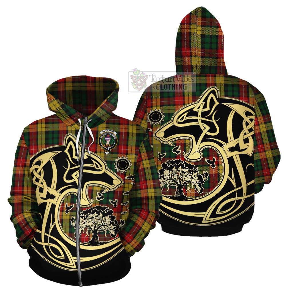 Tartan Vibes Clothing Buchanan Tartan Cotton Hoodie with Family Crest Celtic Wolf Style