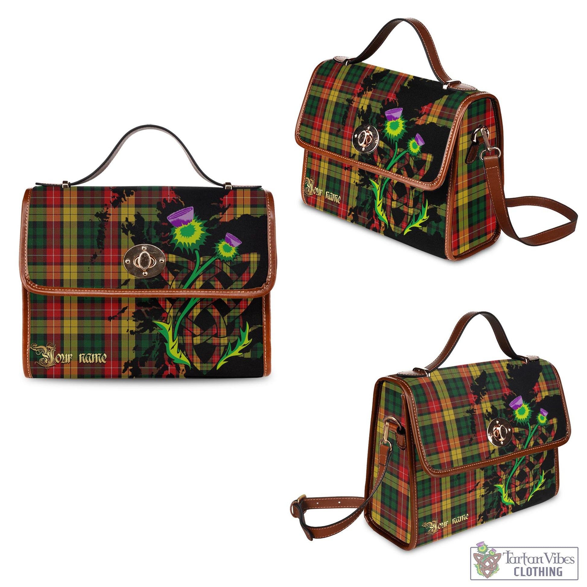 Tartan Vibes Clothing Buchanan Tartan Waterproof Canvas Bag with Scotland Map and Thistle Celtic Accents