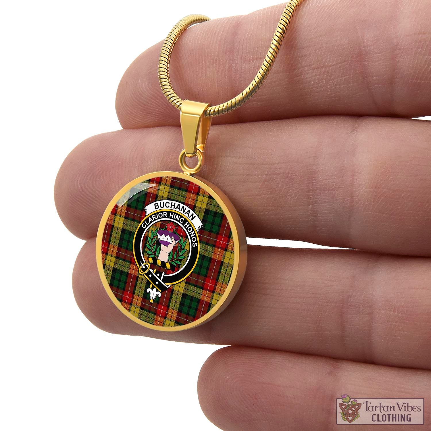 Tartan Vibes Clothing Buchanan Tartan Circle Necklace with Family Crest