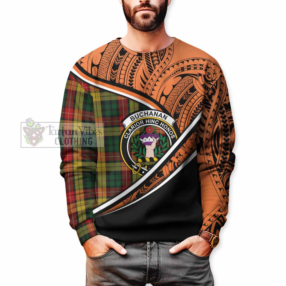 Tartan Vibes Clothing Buchanan Crest Tartan Sweatshirt with Maori Tattoo Style - Orange Version