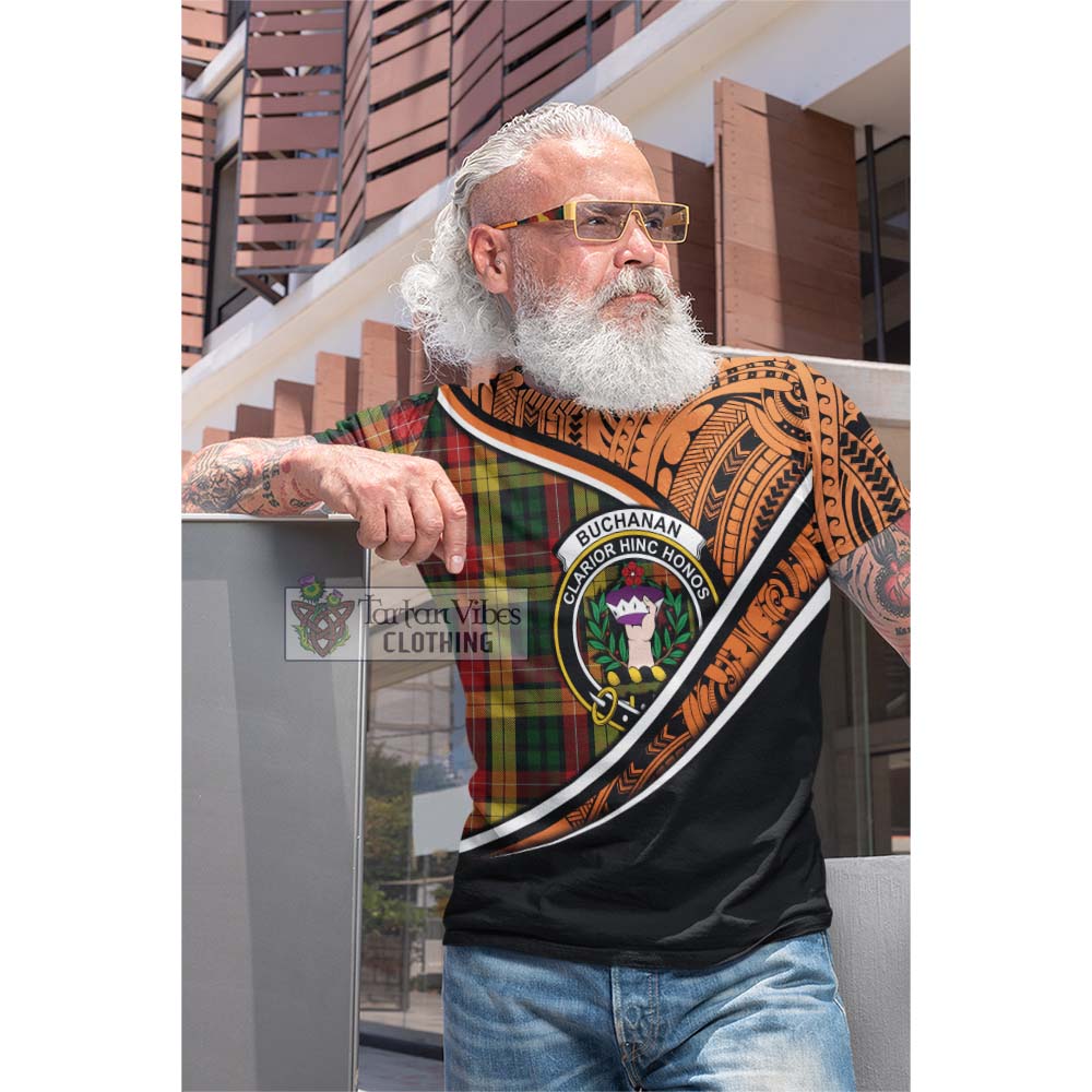 Tartan Vibes Clothing Buchanan Crest Tartan Cotton T-shirt with Maori Tattoo Style - Orange Version