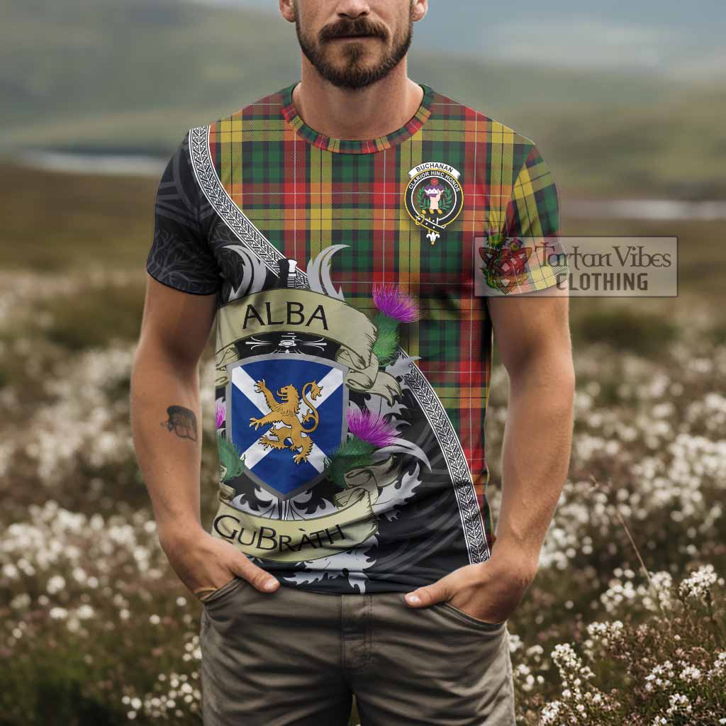 Buchanan Tartan Family Crest T-Shirt Lion Rampant Royal Thistle Shield Celtic Inspired - Tartan Vibes Clothing