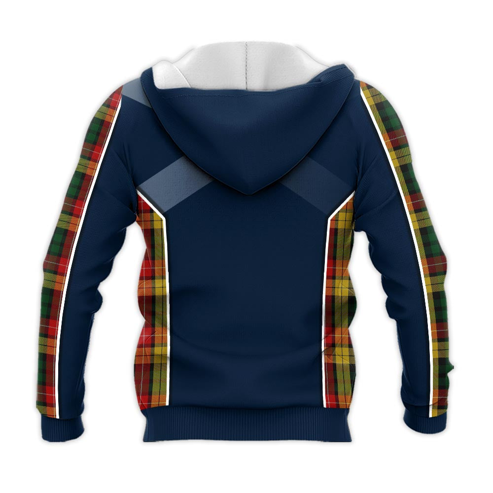 Tartan Vibes Clothing Buchanan Tartan Knitted Hoodie with Family Crest and Scottish Thistle Vibes Sport Style