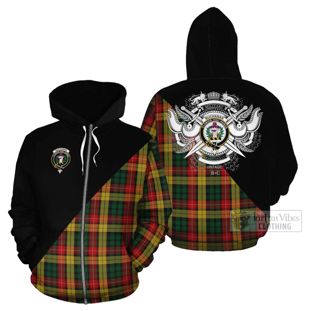 Tartan Vibes Clothing Buchanan Tartan Cotton Hoodie with Family Crest and Military Logo Style