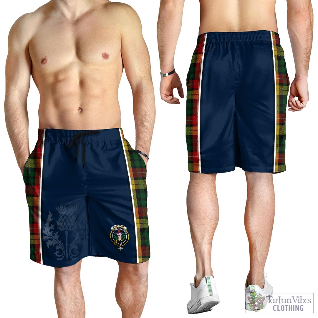 Tartan Vibes Clothing Buchanan Tartan Men's Shorts with Family Crest and Scottish Thistle Vibes Sport Style