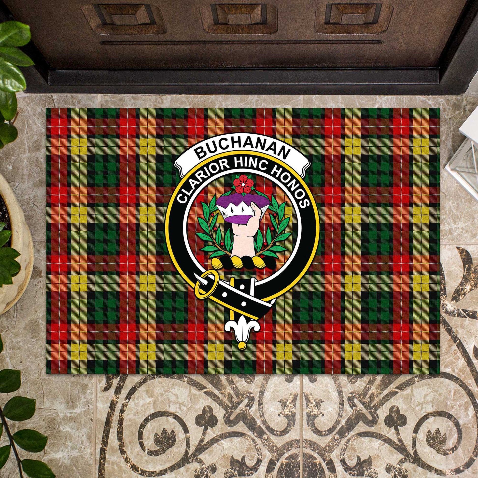 Buchanan Tartan Door Mat with Family Crest - Tartanvibesclothing