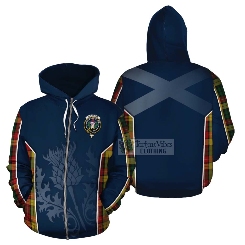 Tartan Vibes Clothing Buchanan Tartan Cotton Hoodie with Family Crest and Scottish Thistle Vibes Sport Style