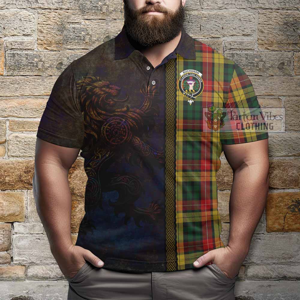 Buchanan Tartan Family Crest Polo Shirt Alba Gu Brath Be Brave Lion Ancient Style - Tartan Vibes Clothing