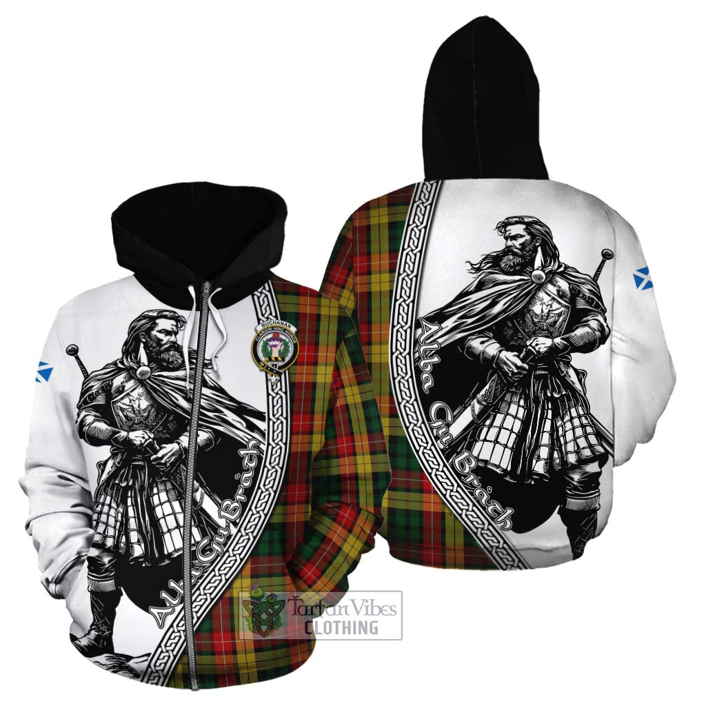 Tartan Vibes Clothing Buchanan Tartan Clan Crest Cotton Hoodie with Highlander Warrior Celtic Style