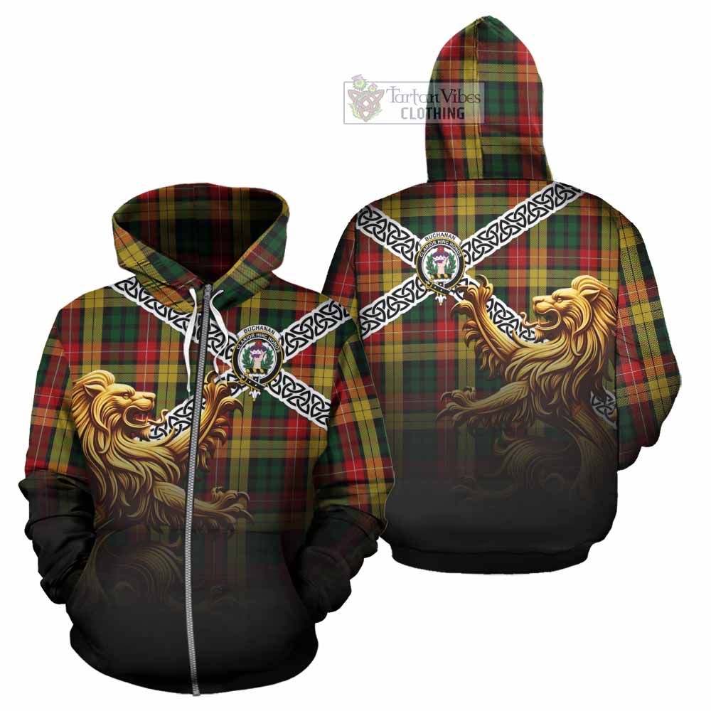 Buchanan Crest Tartan Hoodie with Golden Lion Emblem Celtic Style Zip Hoodie - Tartan Vibes Clothing