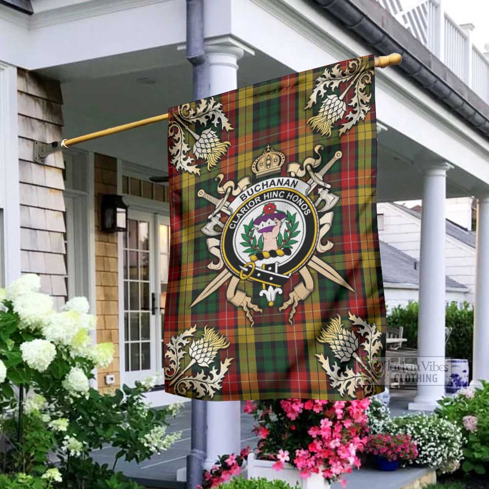 Tartan Vibes Clothing Buchanan Tartan Flag with Family Crest and Golden Thistle Crossed Sword Design