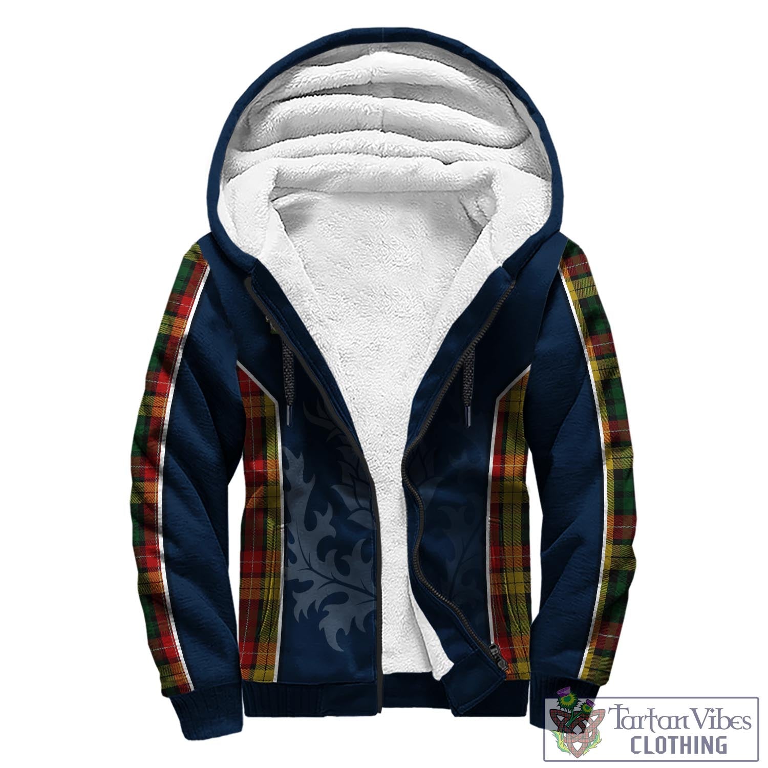 Tartan Vibes Clothing Buchanan Tartan Sherpa Hoodie with Family Crest and Scottish Thistle Vibes Sport Style