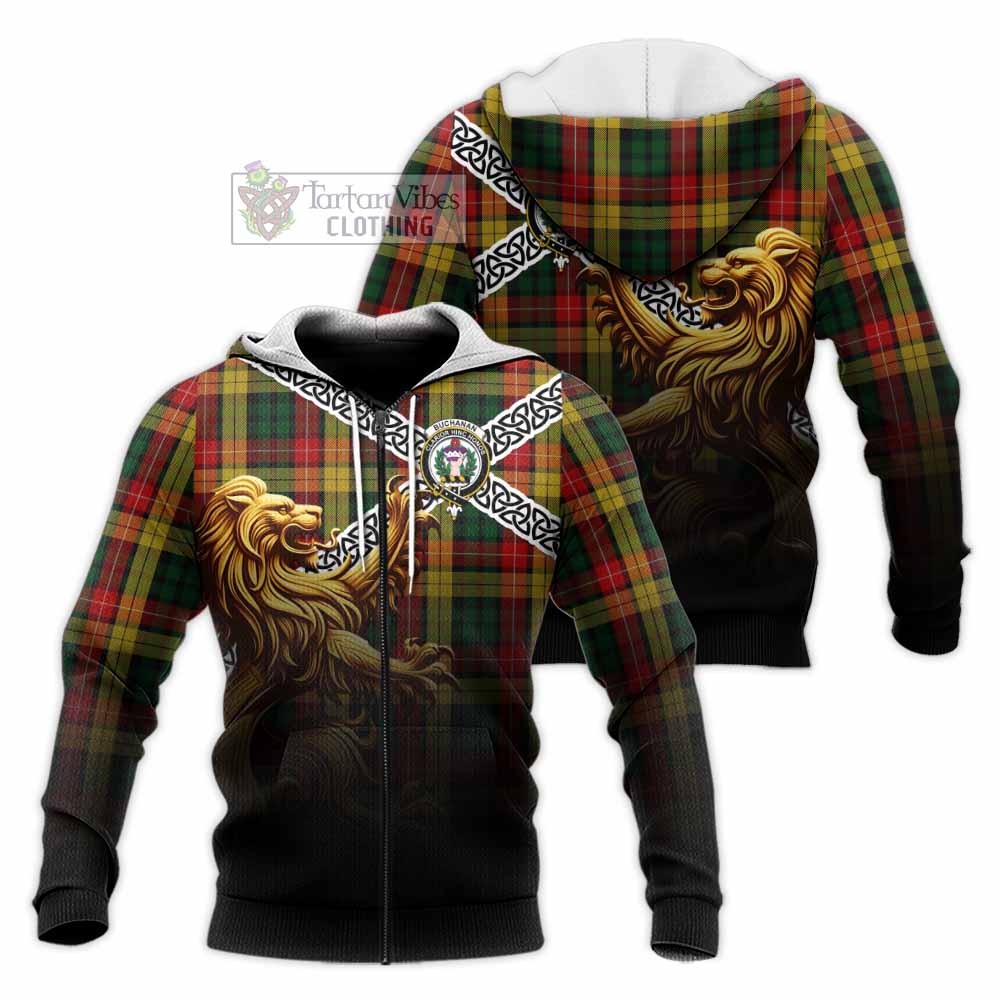 Buchanan Crest Tartan Knitted Hoodie with Golden Lion Emblem Celtic Style Unisex Knitted Zip Hoodie - Tartan Vibes Clothing