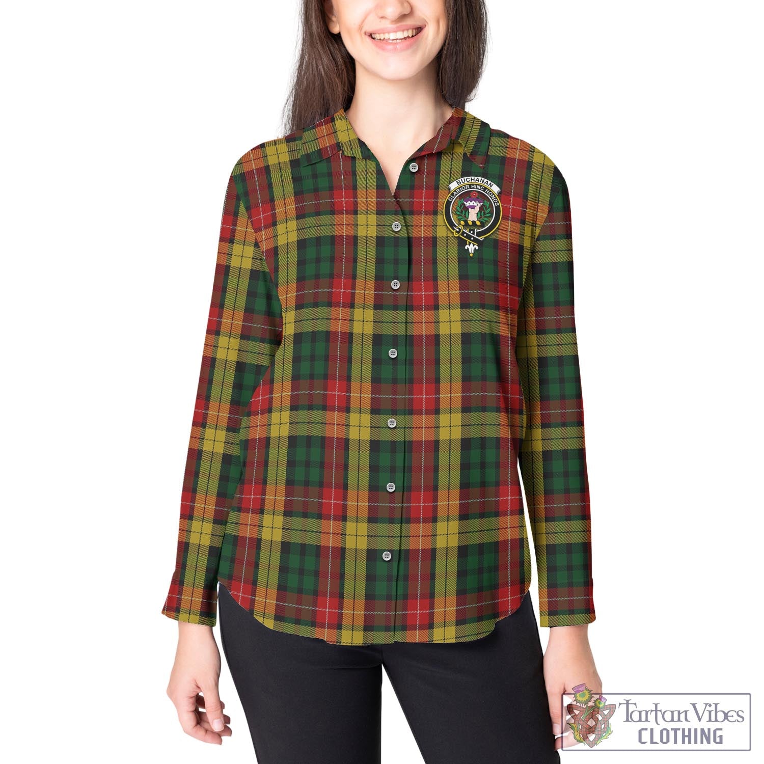 Tartan Vibes Clothing Buchanan Tartan Womens Casual Shirt with Family Crest