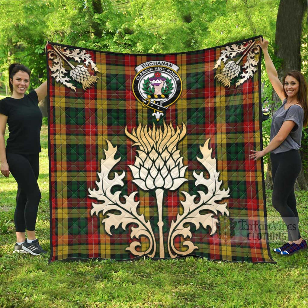 Tartan Vibes Clothing Buchanan Tartan Quilt with Family Crest and Golden Thistle Style