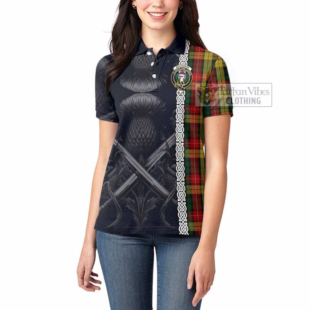 Tartan Vibes Clothing Buchanan Tartan Women's Polo Shirt with Family Crest Cross Sword Thistle Celtic Vibes