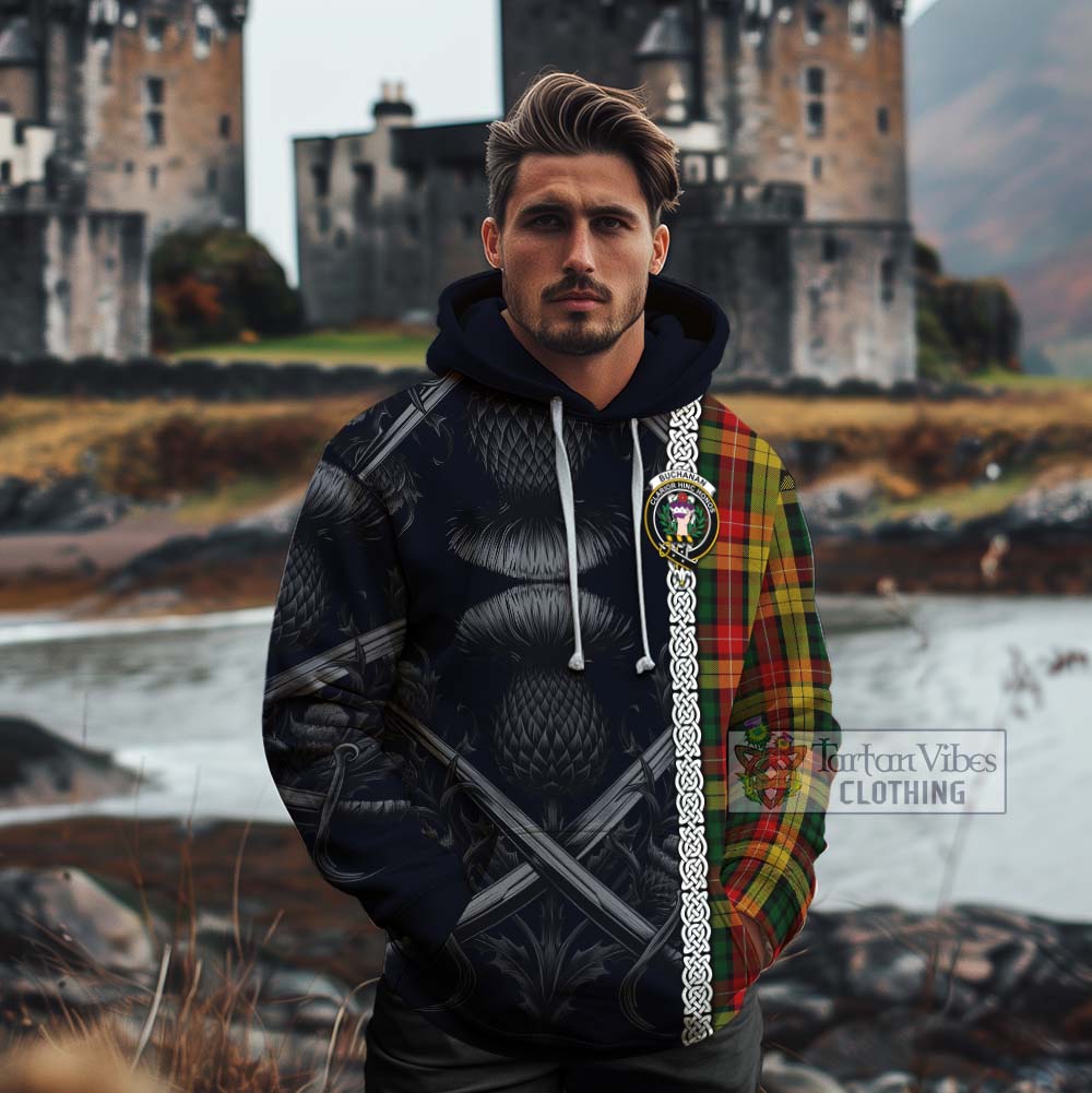 Buchanan Tartan Cotton Hoodie with Family Crest Cross Sword Thistle Celtic Vibes - Tartan Vibes Clothing
