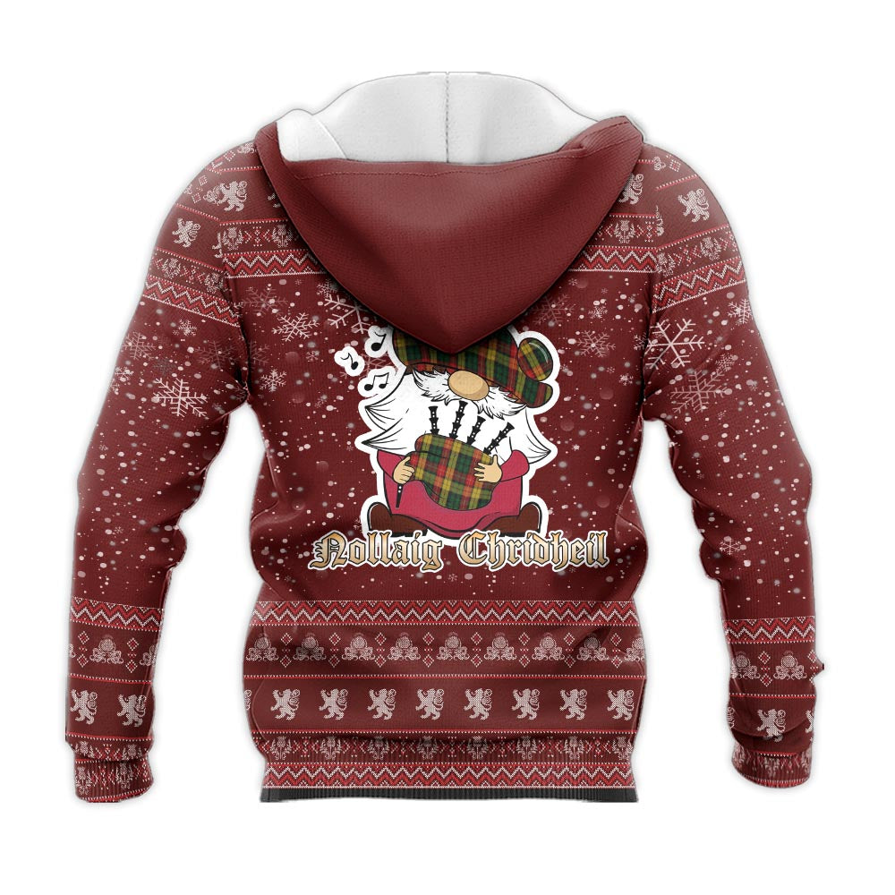 Buchanan Clan Christmas Knitted Hoodie with Funny Gnome Playing Bagpipes - Tartanvibesclothing