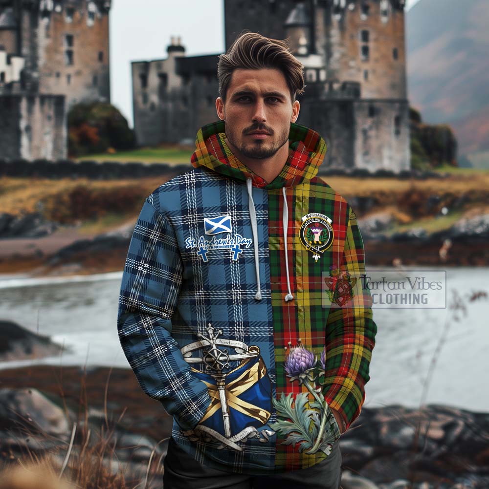 Tartan Vibes Clothing Buchanan Tartan Cotton Hoodie Happy St. Andrew's Day Half Tartan Style