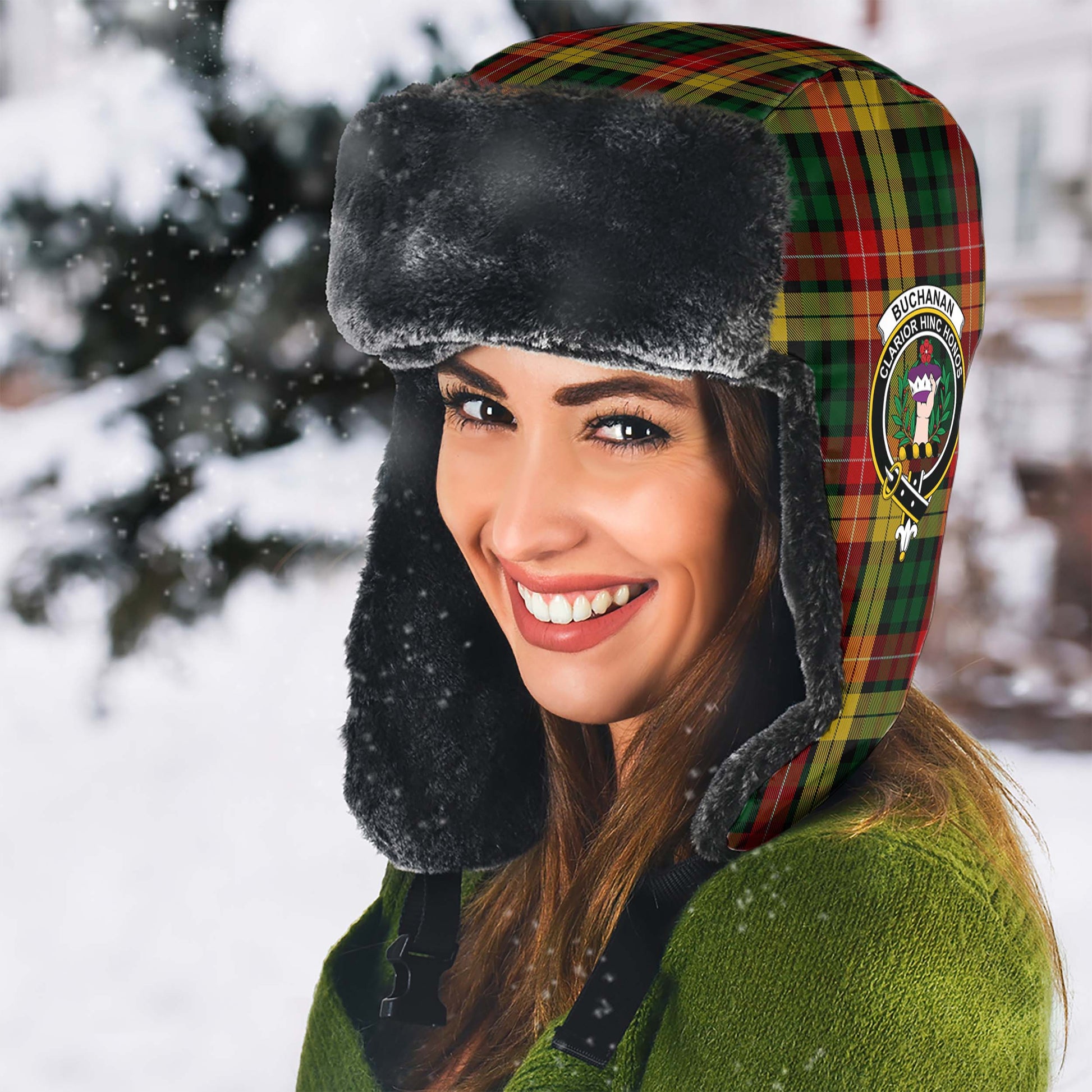 Buchanan Tartan Winter Trapper Hat with Family Crest - Tartanvibesclothing