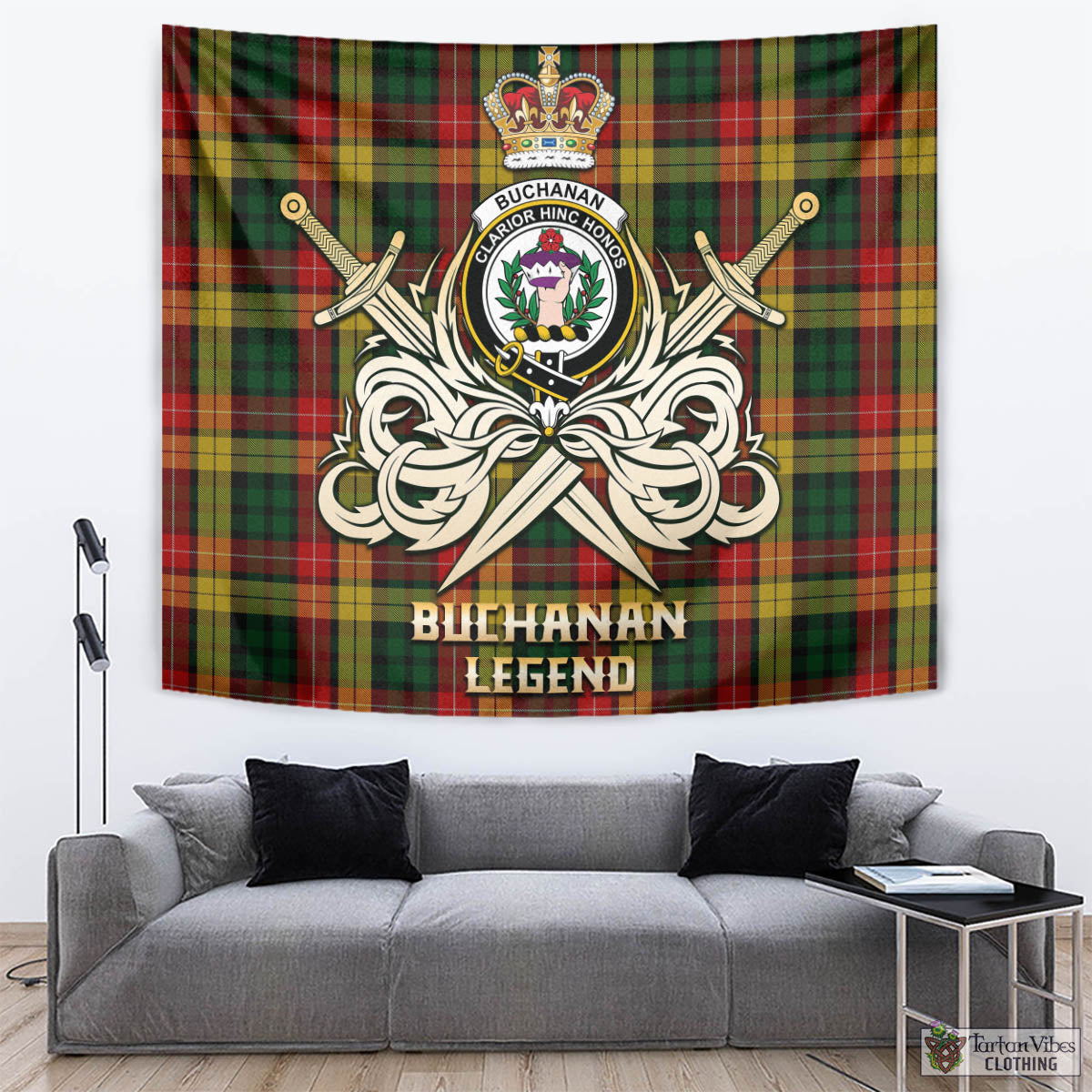 Tartan Vibes Clothing Buchanan Tartan Tapestry with Clan Crest and the Golden Sword of Courageous Legacy