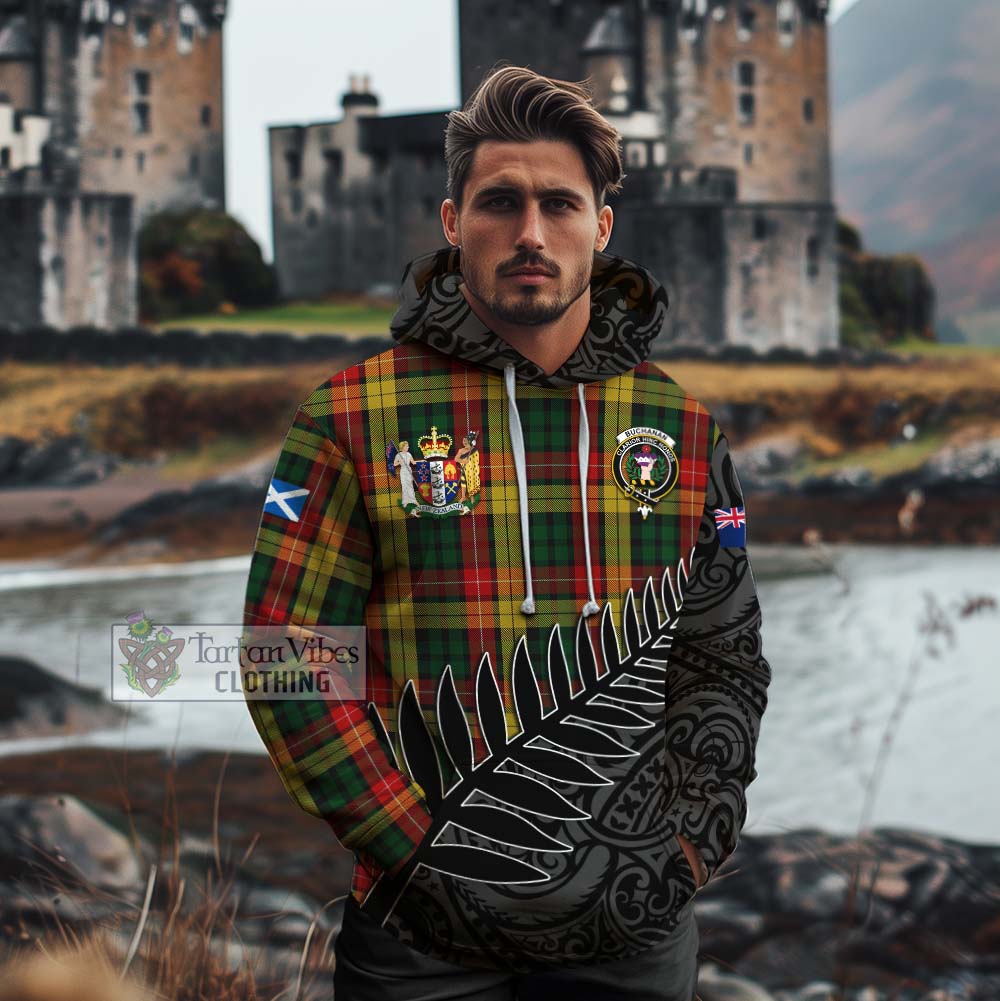 Tartan Vibes Clothing Buchanan Crest Tartan Cotton Hoodie with New Zealand Silver Fern Half Style