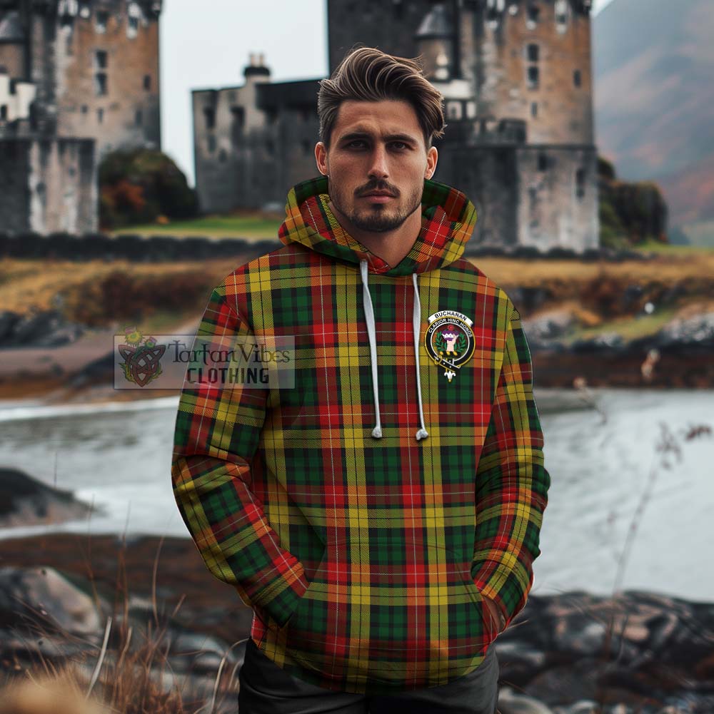 Tartan Vibes Clothing Buchanan Tartan Cotton Hoodie with Family Crest Celtic Skull Style