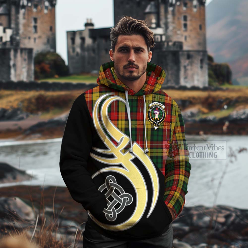 Tartan Vibes Clothing Buchanan Tartan Cotton Hoodie with Family Crest and Celtic Symbol Style