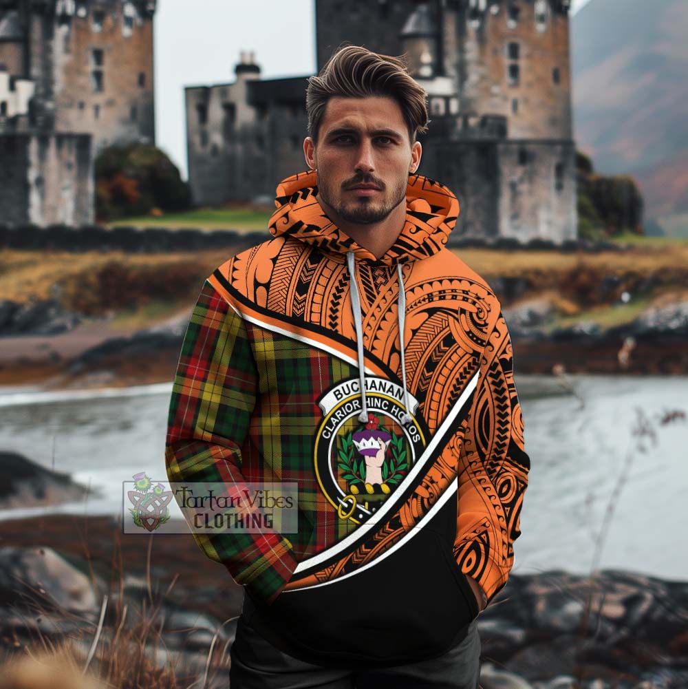 Tartan Vibes Clothing Buchanan Crest Tartan Cotton Hoodie with Maori Tattoo Style - Orange Version