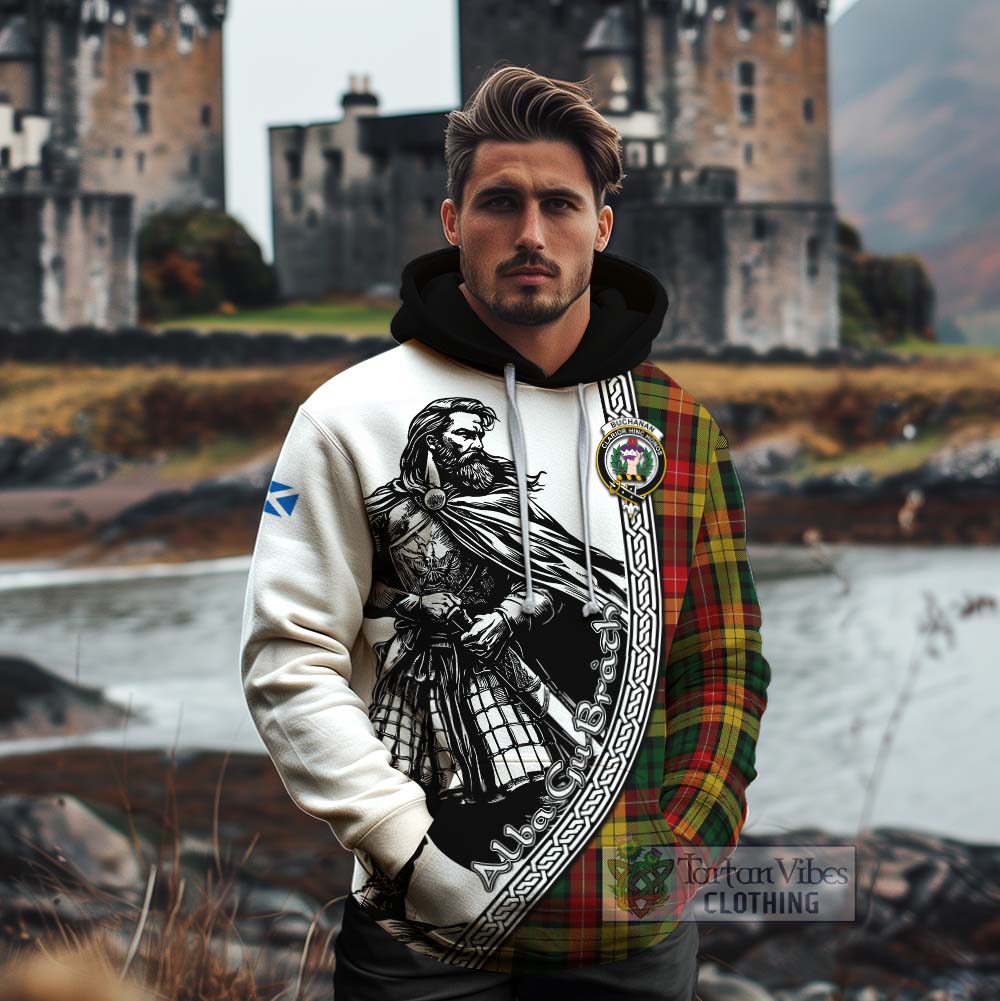 Tartan Vibes Clothing Buchanan Tartan Clan Crest Cotton Hoodie with Highlander Warrior Celtic Style